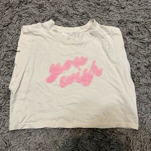 Women's Cream Muscle Tee with Pink Print